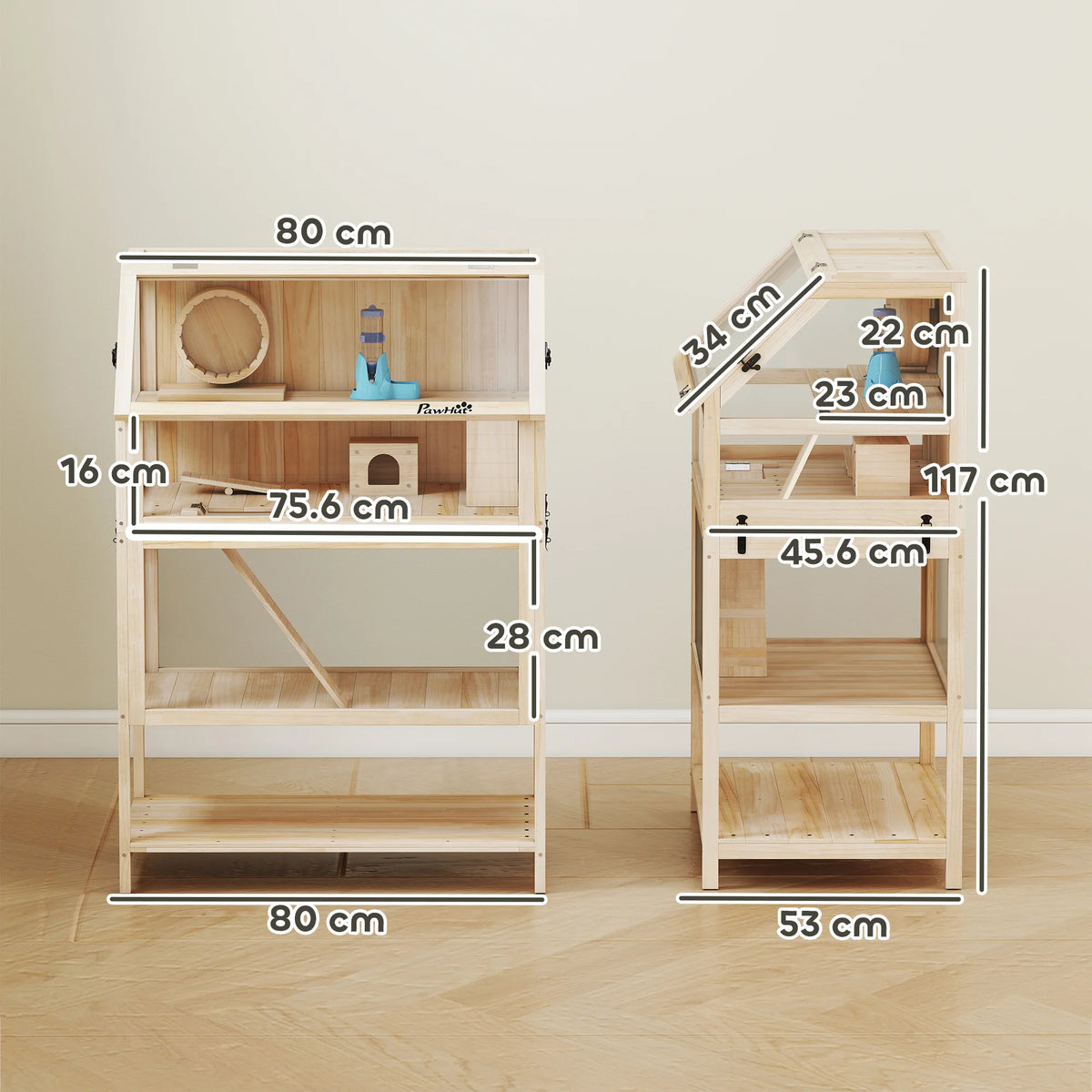 3 Tier Wooden Hamster Cage 80x53x117cm Gerbil Cage with Acrylic Panels Wheel Seesaw and Storage Shelf
