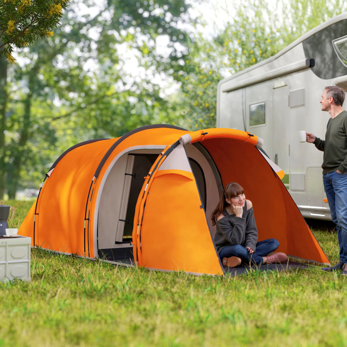 2-3 Person Tunnel Tent with Sewn In Groundsheet Front Porch 2000mm Waterproof Fibreglass Poles Orange