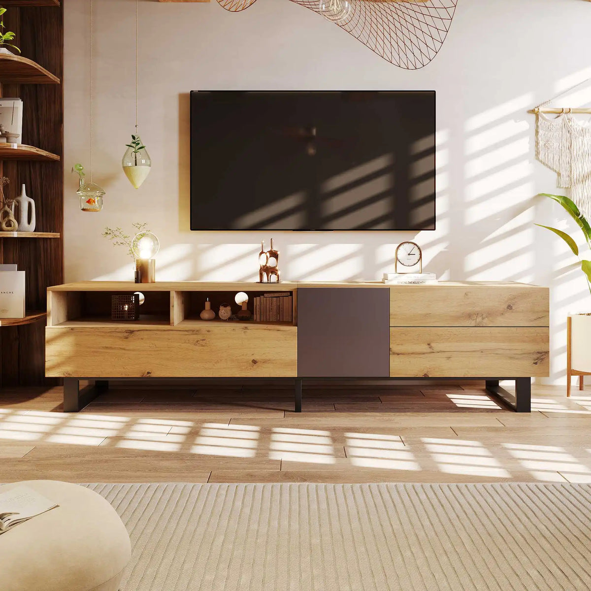 180cm Wood Grain TV Cabinet with Drawers and Push-Open Doors | Modern Black and Wood TV Stand