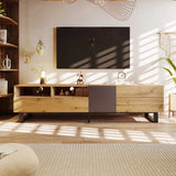 180cm Wood Grain TV Cabinet with Drawers and Push-Open Doors | Modern Black and Wood TV Stand