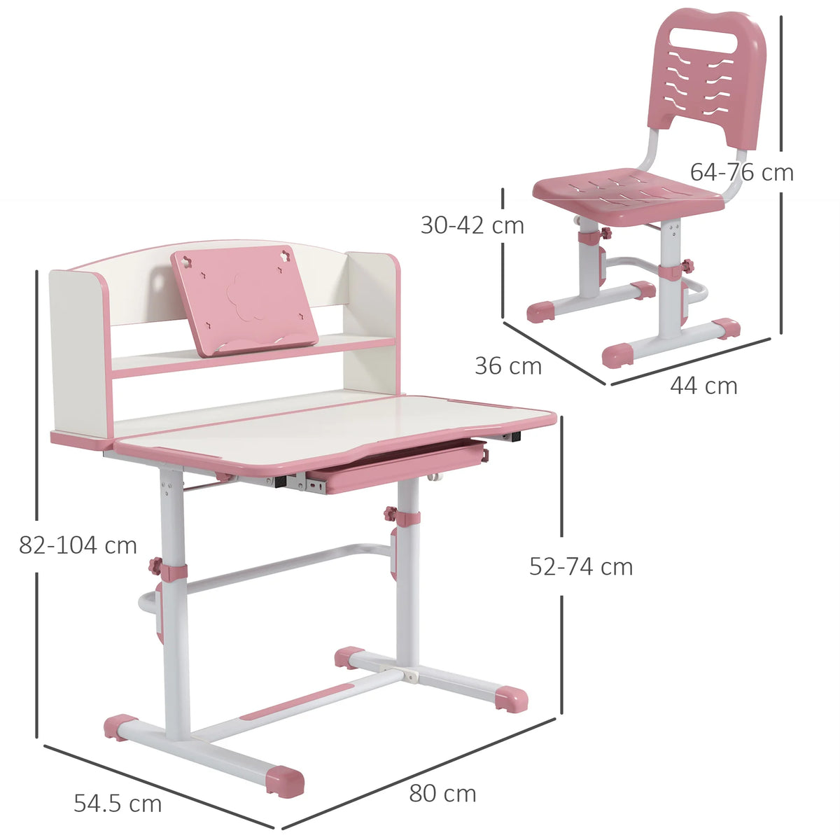Kids Study Desk and Chair Set Height Adjustable 45 Degree Tilting Top with Drawer Bookshelf and Non Slip Mat