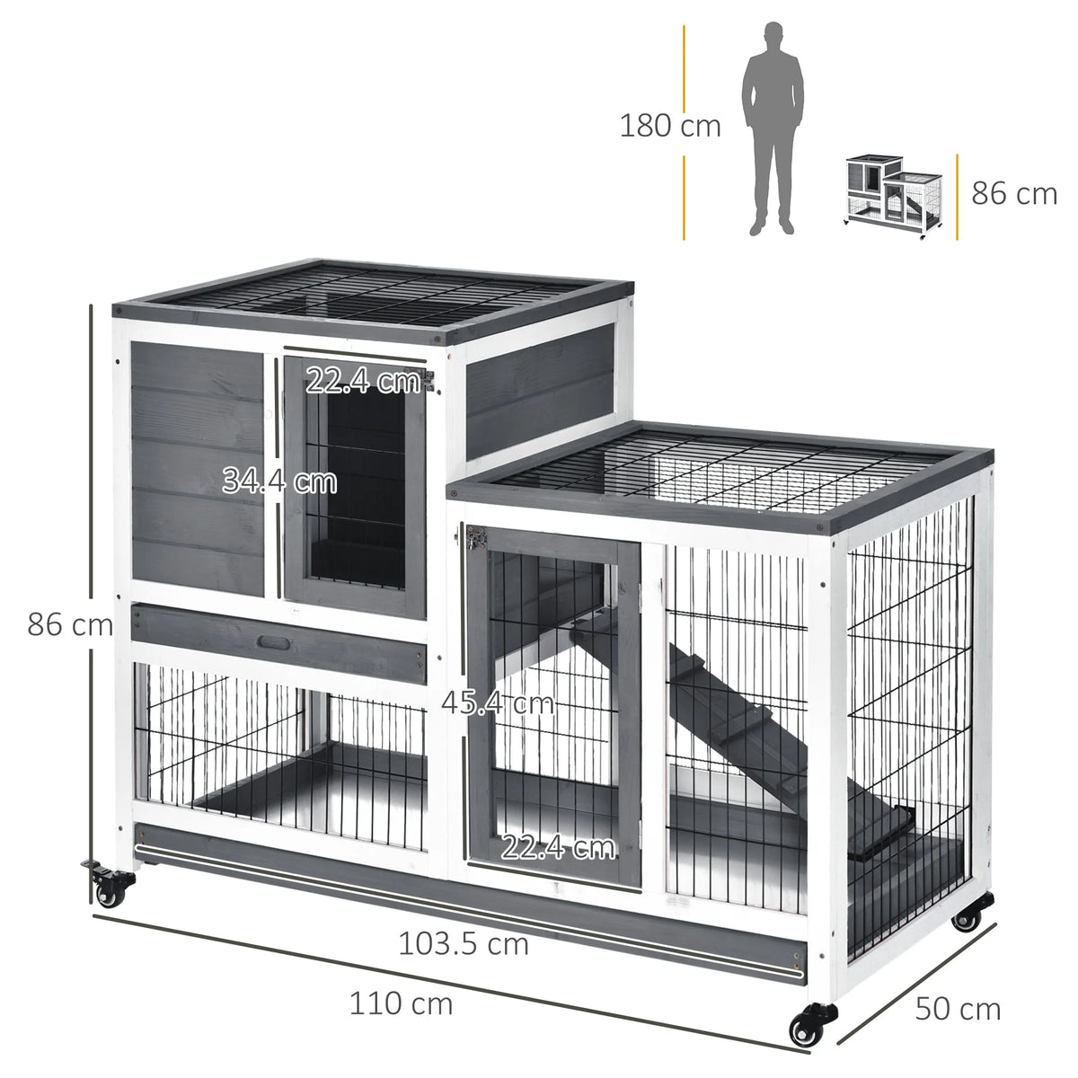 Indoor Rabbit Hutch Elevated 2 Tier Bunny Cage with Enclosed Run Ramp 4 Wheels and Removable Trays