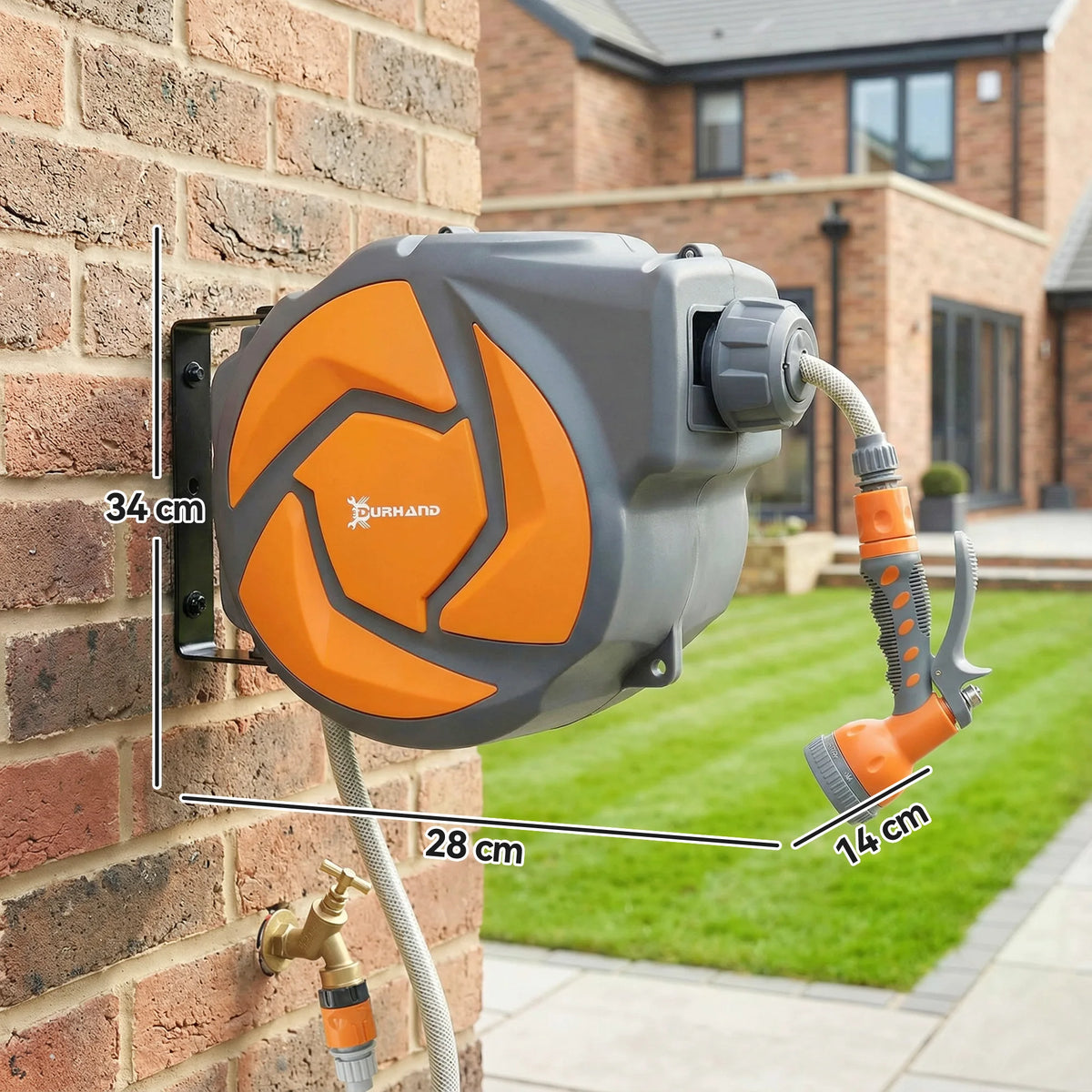 Compact 10m Retractable Hose Reel with Auto Rewind, Lock and Spray Gun, Grey and Orange