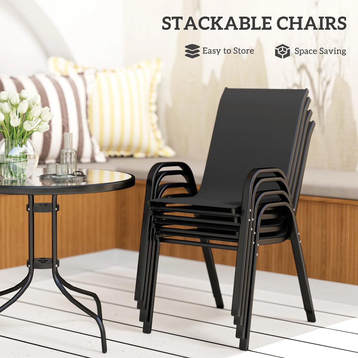 5 Pieces Garden Table and Chairs, 4 Seater Garden Furniture Set with High Back Stackable Chairs and Glass Top Table