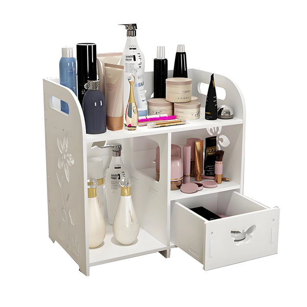 Makeup Organiser Rack 27x16x30cm White Desktop Cosmetic Storage Shelf with Drawer Multi Layer Zoned Design