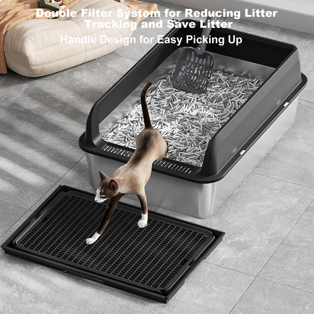 Stainless Steel Cat Litter Box with Lid High Sides 15.75x11.81in Double Layer Mat Non-Stick for Big Cats