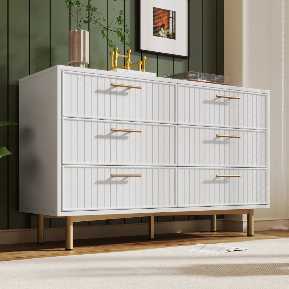 6 Drawer Sideboard Chest of Drawers 120x40x75cm White Particle Board Gold Handles Metal Base Living Room
