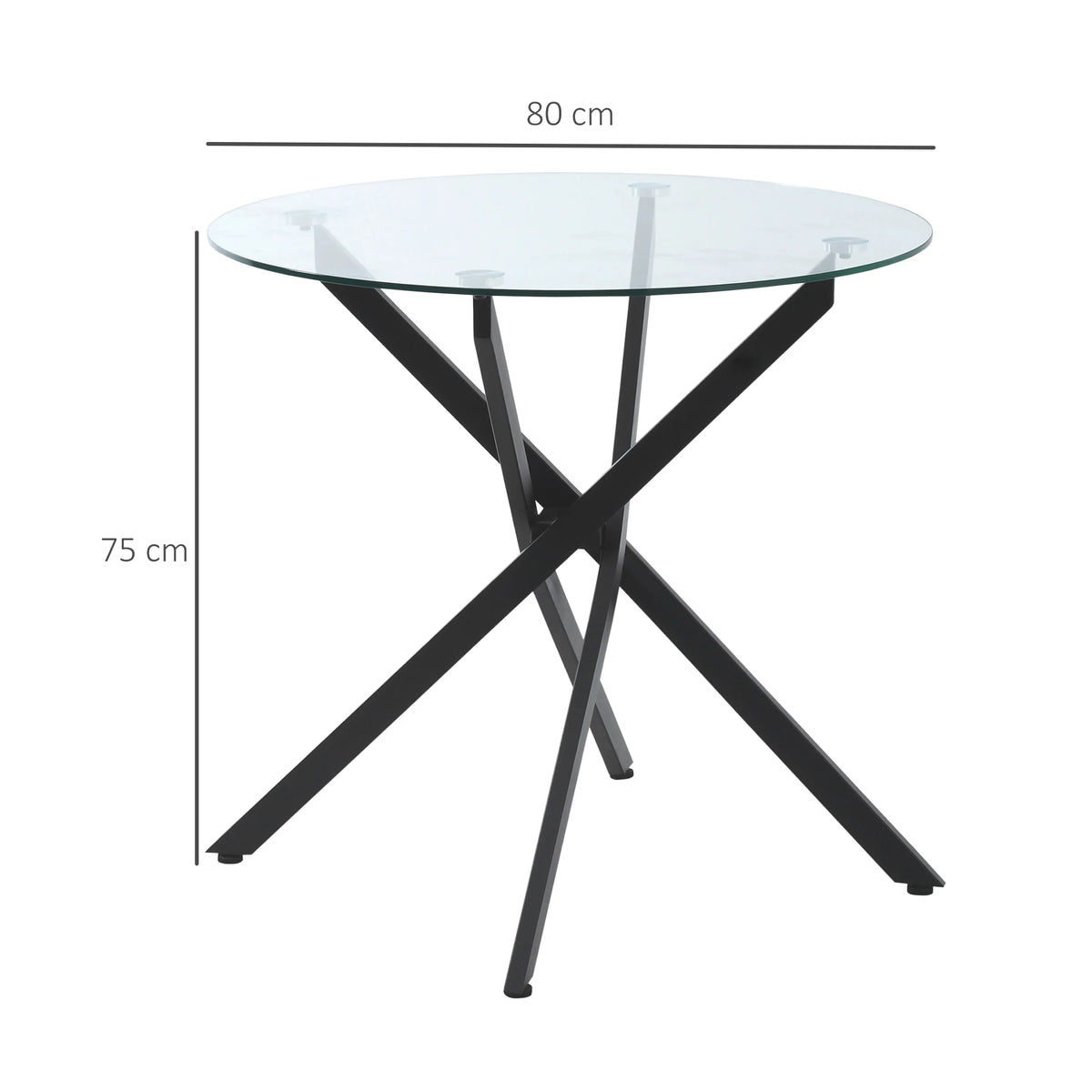 Round Glass Dining Table with Metal Frame, 7mm Tempered Glass Top, 80 x 80 x 75 cm, Black
