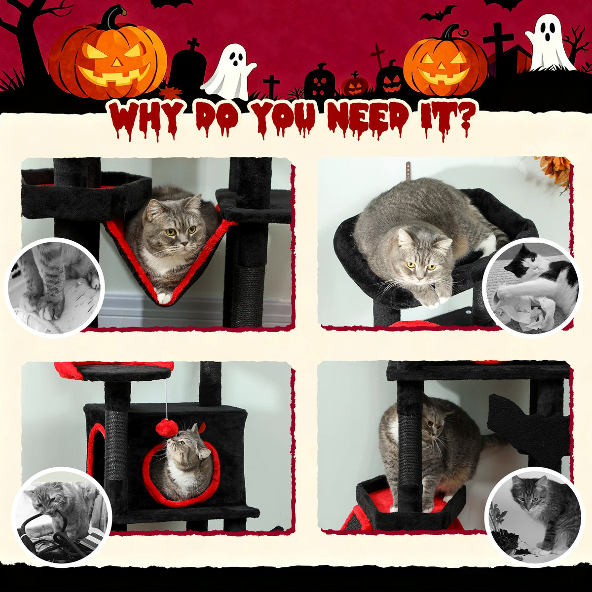 152cm Gothic Cat Tree Halloween Coffin Bed Large Condo Multi Level Black Red