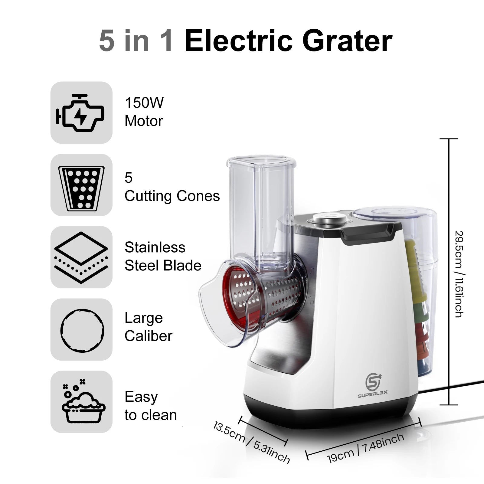 5-in-1 Electric Food Grater and Slicer 150W with 5 Interchangeable Cones Vegetable Cutter and Cheese Chopper for Kitchen Use