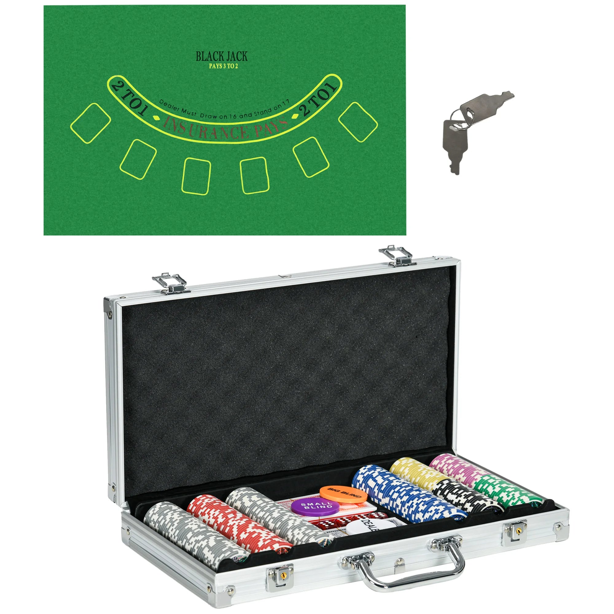 300 Piece Poker Chips Set with Aluminium Case Mat Two Card Decks Dealer Button and Dice for Up to 8 Players