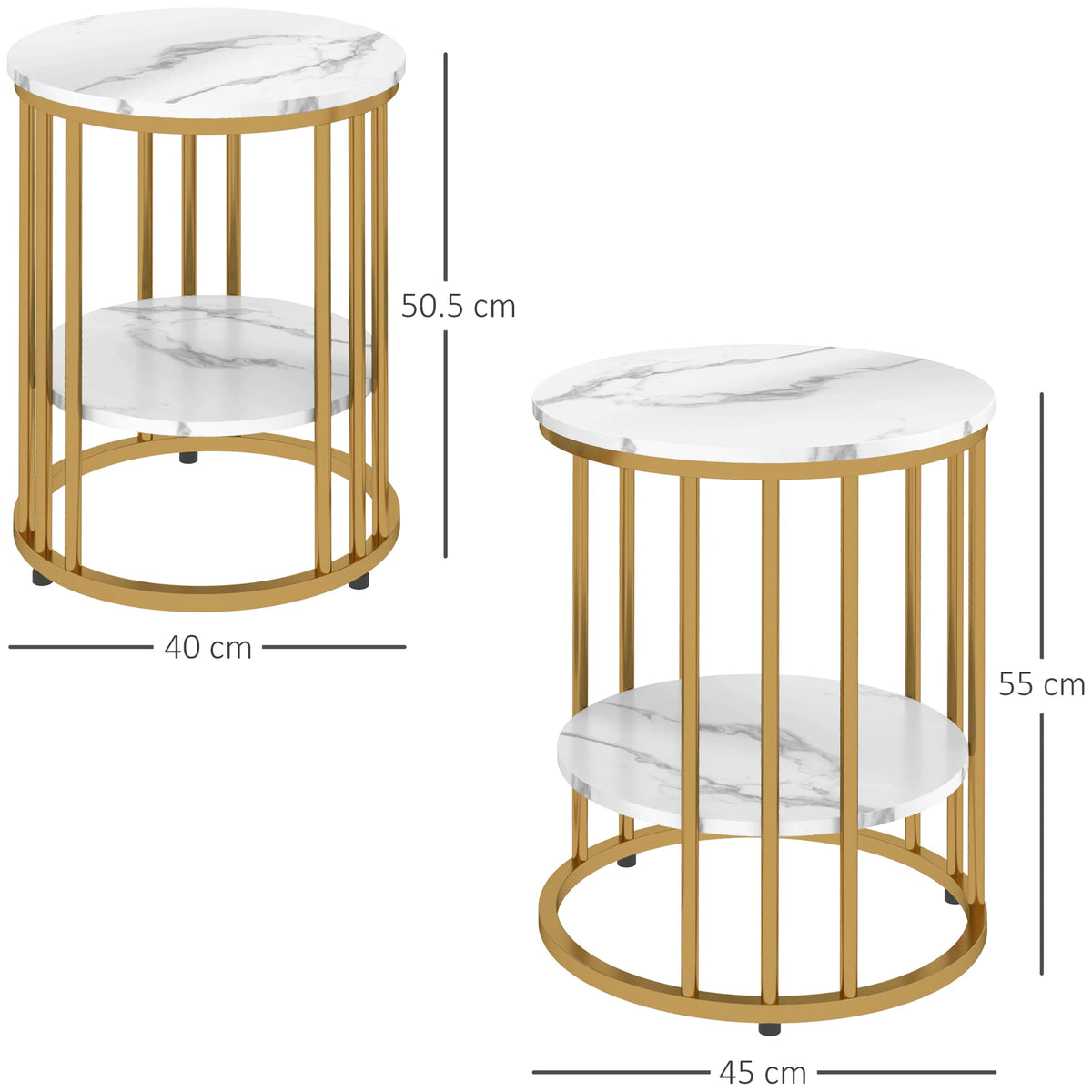 Marble-Effect Round Coffee Tables Set of 2 with Shelf, Gold Tone and White