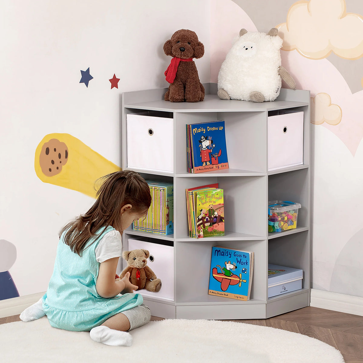 Kids Corner Bookcase 3 Tier with 9 Compartments and 3 Fabric Drawers Anti Tip Device MDF Melamine