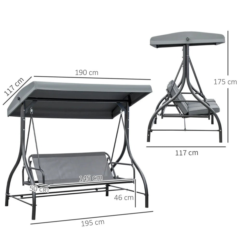 3 Seater Garden Swing Chair with Canopy 2 in 1 Swing Seat Bed Adjustable Outdoor
