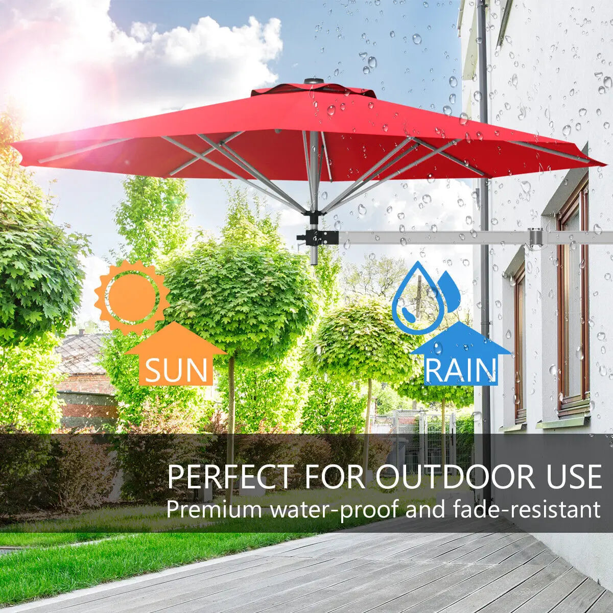 Wall Mounted Cantilever Umbrella, Garden Patio Tilting Sunshade Parasol, Red