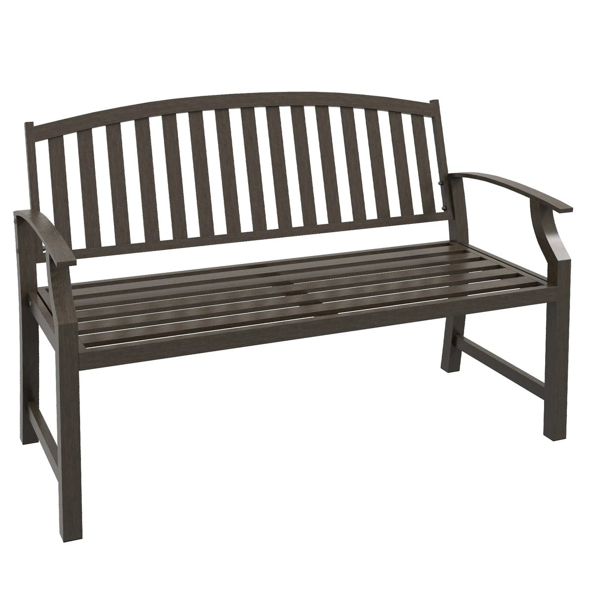 Garden Bench, Outdoor Metal Bench with Slatted Seat and Backrest, Curved Armrests