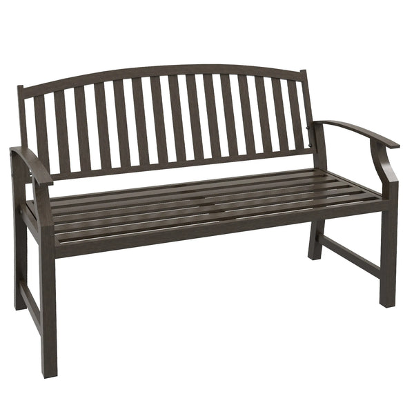 Garden Bench, Outdoor Metal Bench with Slatted Seat and Backrest, Curved Armrests