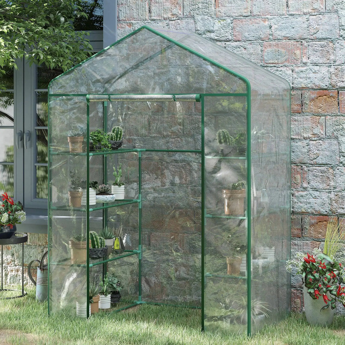 Walk In Greenhouse with 8 Grid Metal Rack Clear PVC Film Cover Steel Pipe Frame Transparent Grow House