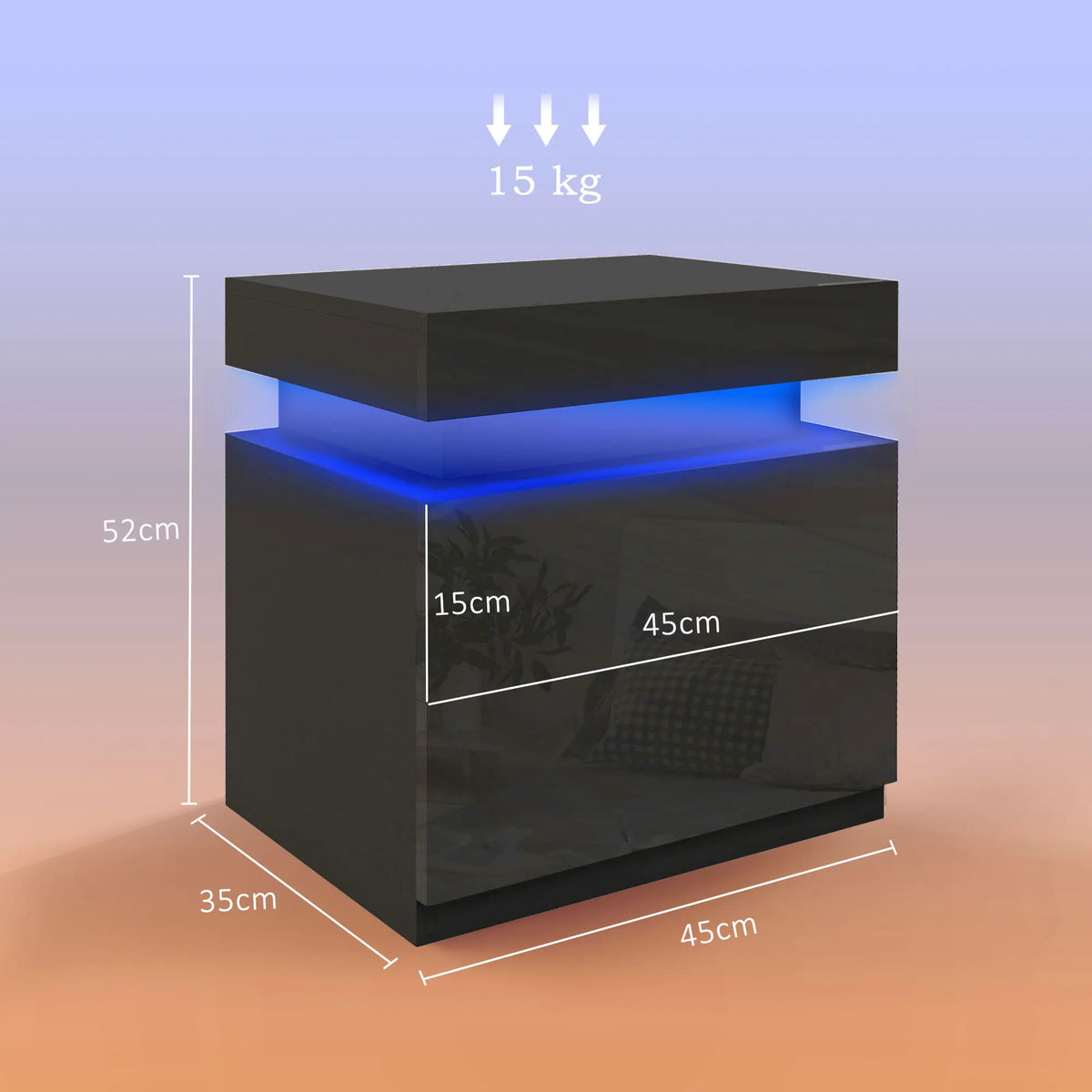 High Gloss Bedside Table with LED Light and 2 Drawers, Black
