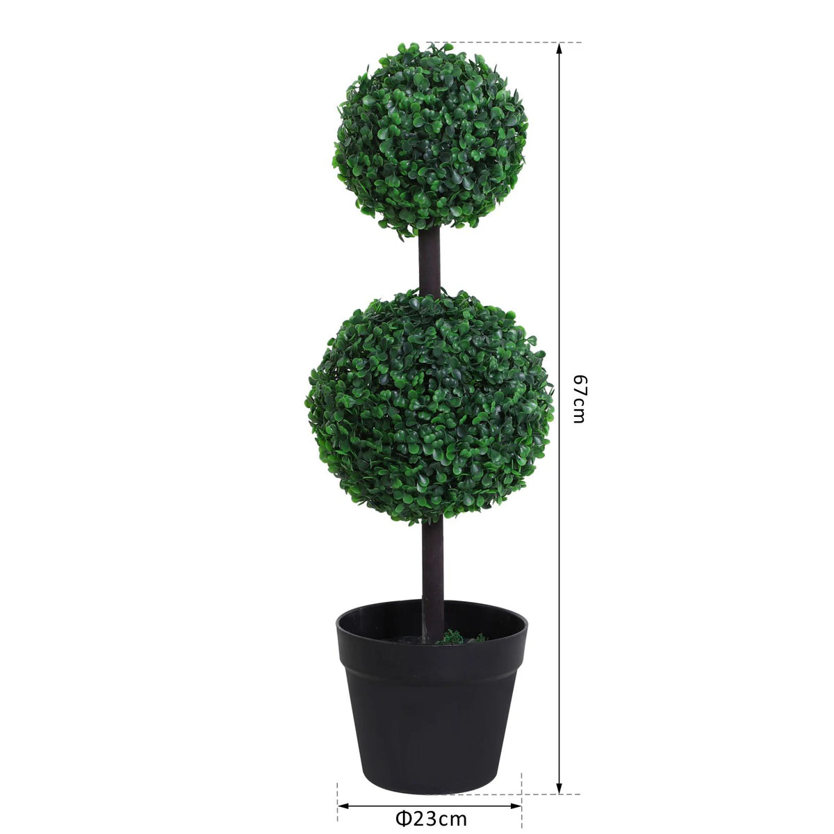 Set of 2 Artificial Double Ball Topiary Trees 23x67cm with Cement Filled Pots Faux Plants Green
