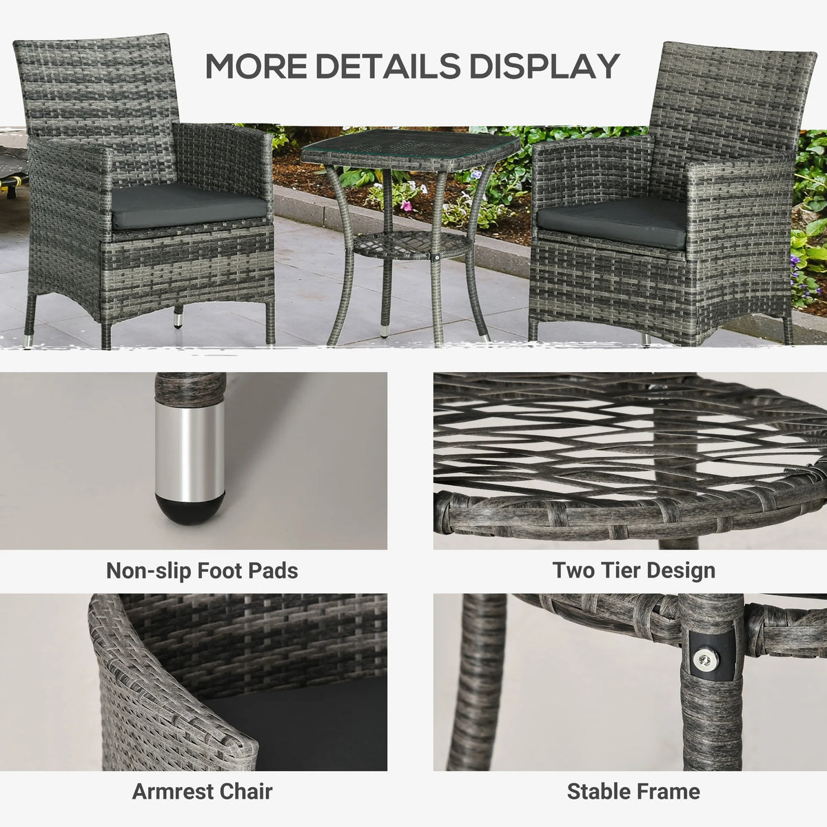 3-Piece Rattan Bistro Set with 2-Tier Coffee Table and Chairs, Grey