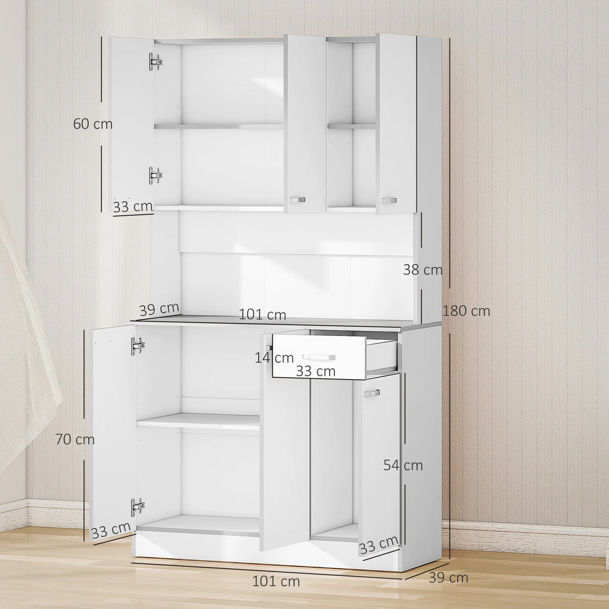 Freestanding Kitchen Cupboard with 2 Cabinets Drawer and Open Shelf 3 Level Adjustable Shelves 73kg White