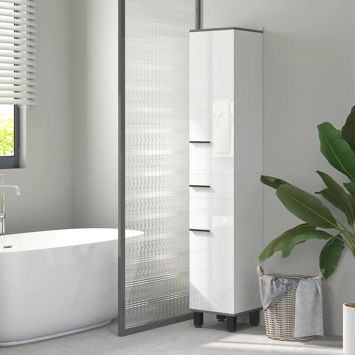 White tall bathroom cabinet with black accents and double doors