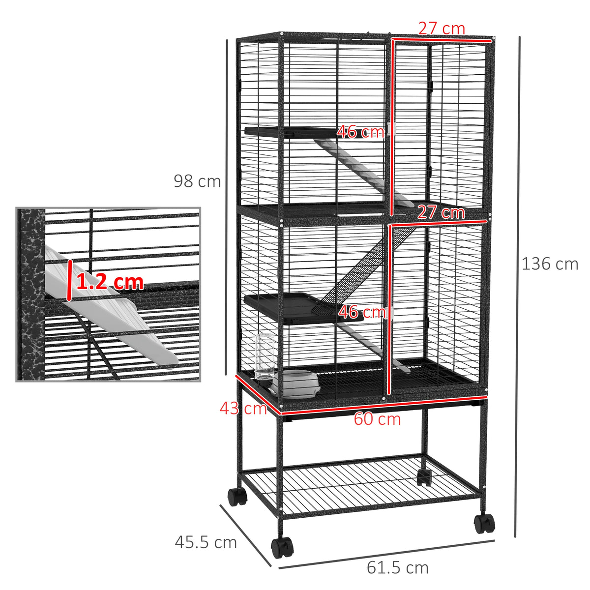 Ferret Cage 136cm 4 Tier Rolling Small Animal Cage with 3 Doors Ramps Water Bottle and Shelf Grey