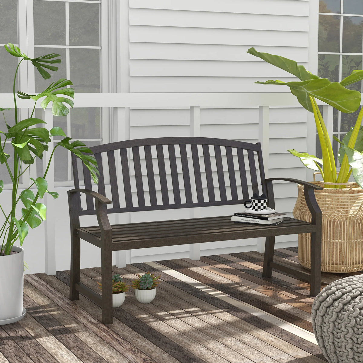 Garden Bench, Outdoor Metal Bench with Slatted Seat and Backrest, Curved Armrests