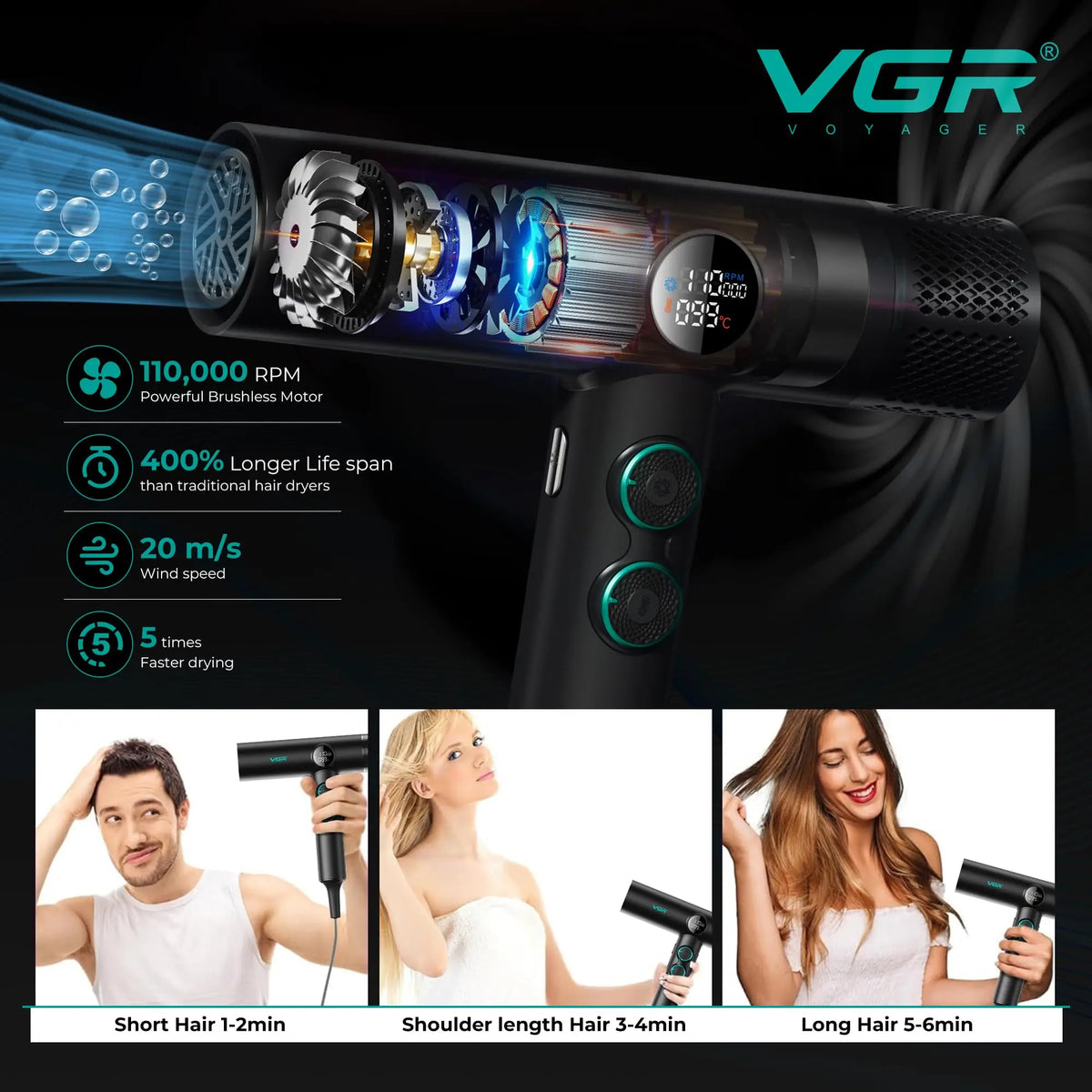 Professional Brushless Hair Dryer 1900W with Magnetic Diffuser and Nozzles, 40 Speed and Heat Levels