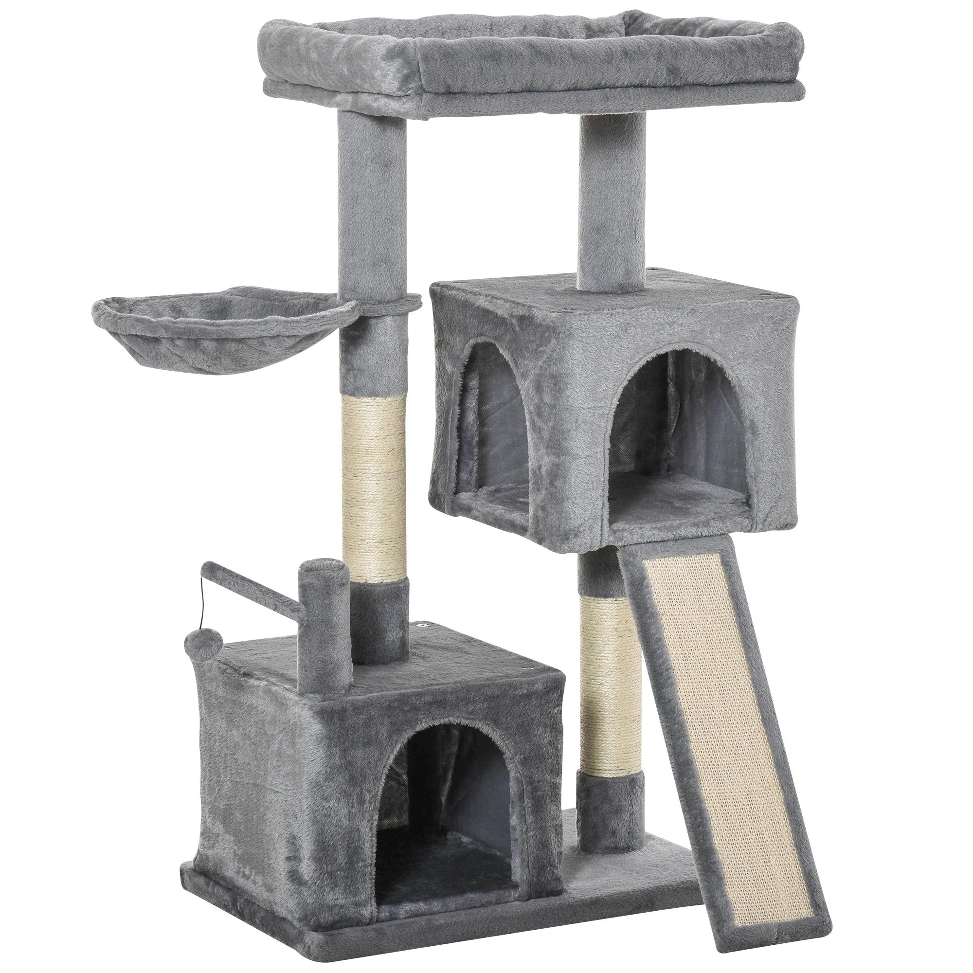 111cm Cat Tree Tower with 2 Condos Hammock Scratching Posts Ramp Pad Top Perch Bed and Toy for Indoor Cats Grey