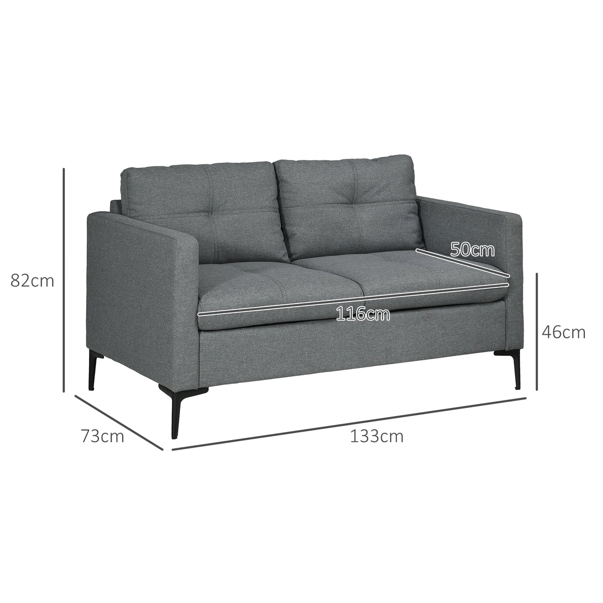 Steel legs and foot pads on a compact loveseat sofa