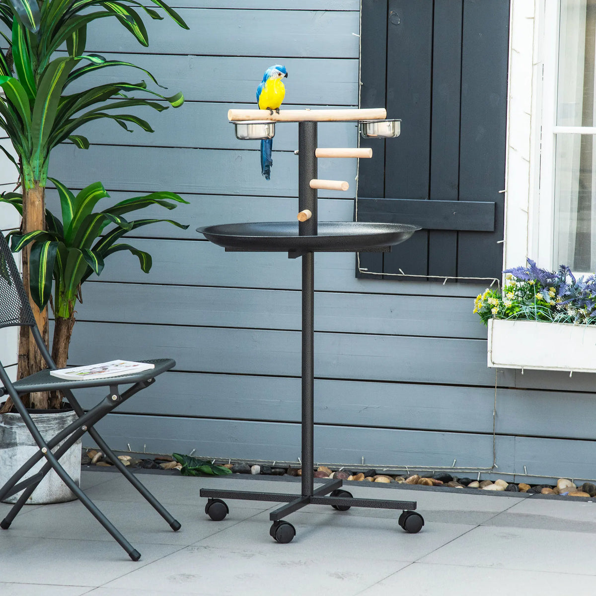 Metal Bird Feeding Station Play Stand with Wheels 2 Stainless Steel Bowls and Catch Tray 111cm Grey
