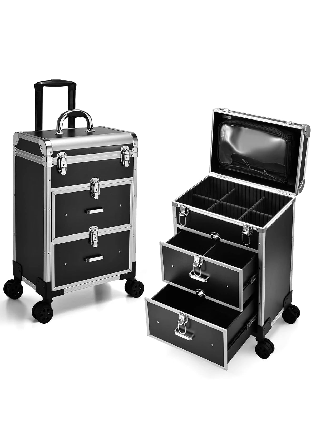 Professional Rolling Makeup Trolley Case with Locks and Drawers 36-55L PVC Cosmetics Storage Organiser
