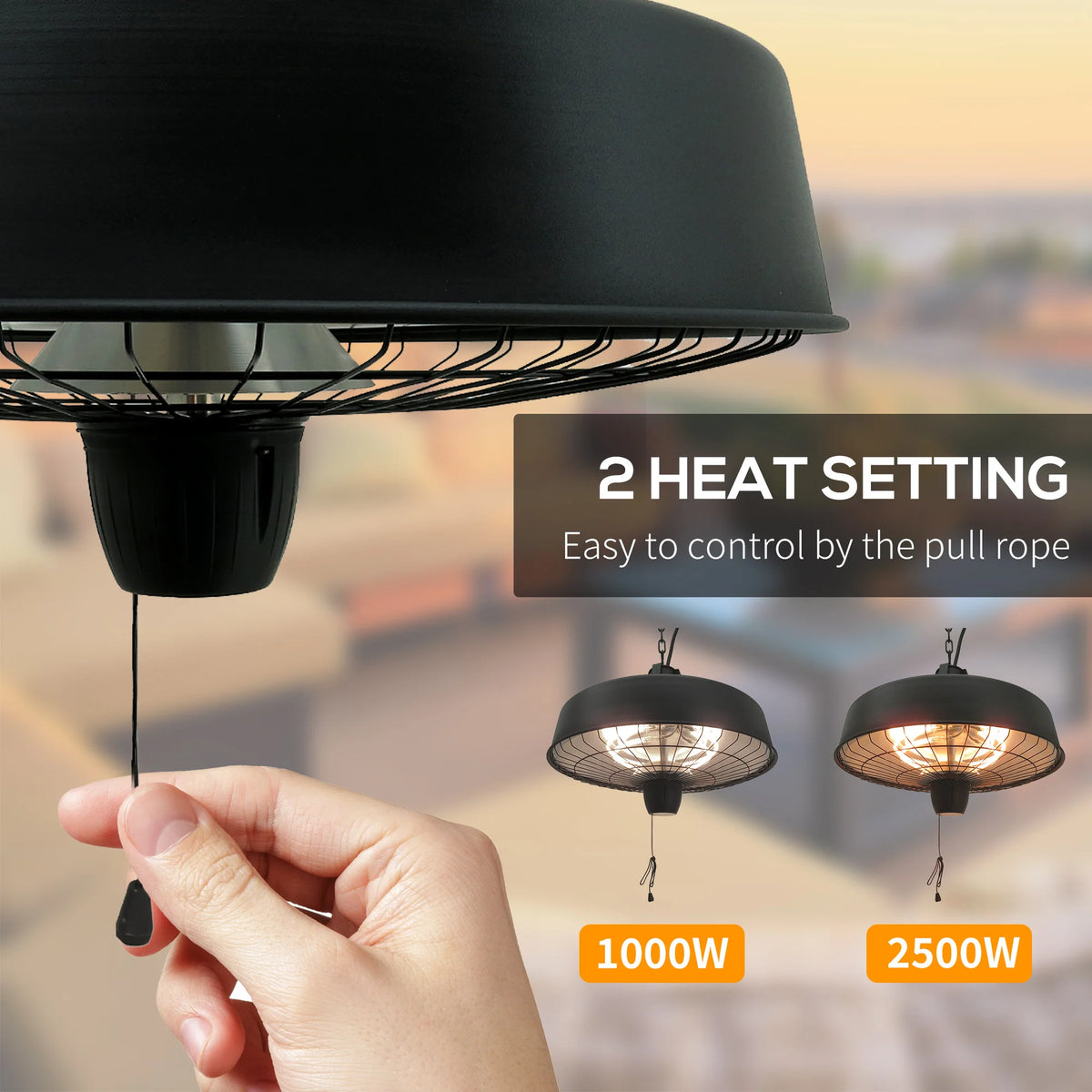Hanging Infrared Patio Heater with Halogen Light, Adjustable 1000W / 2500W