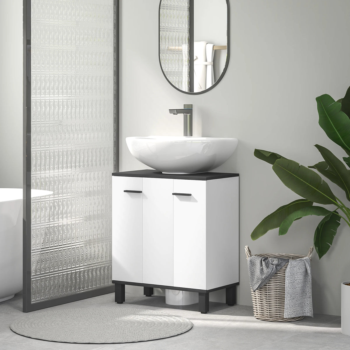 Bathroom Under Sink Cabinet with Adjustable Shelf, High Gloss White