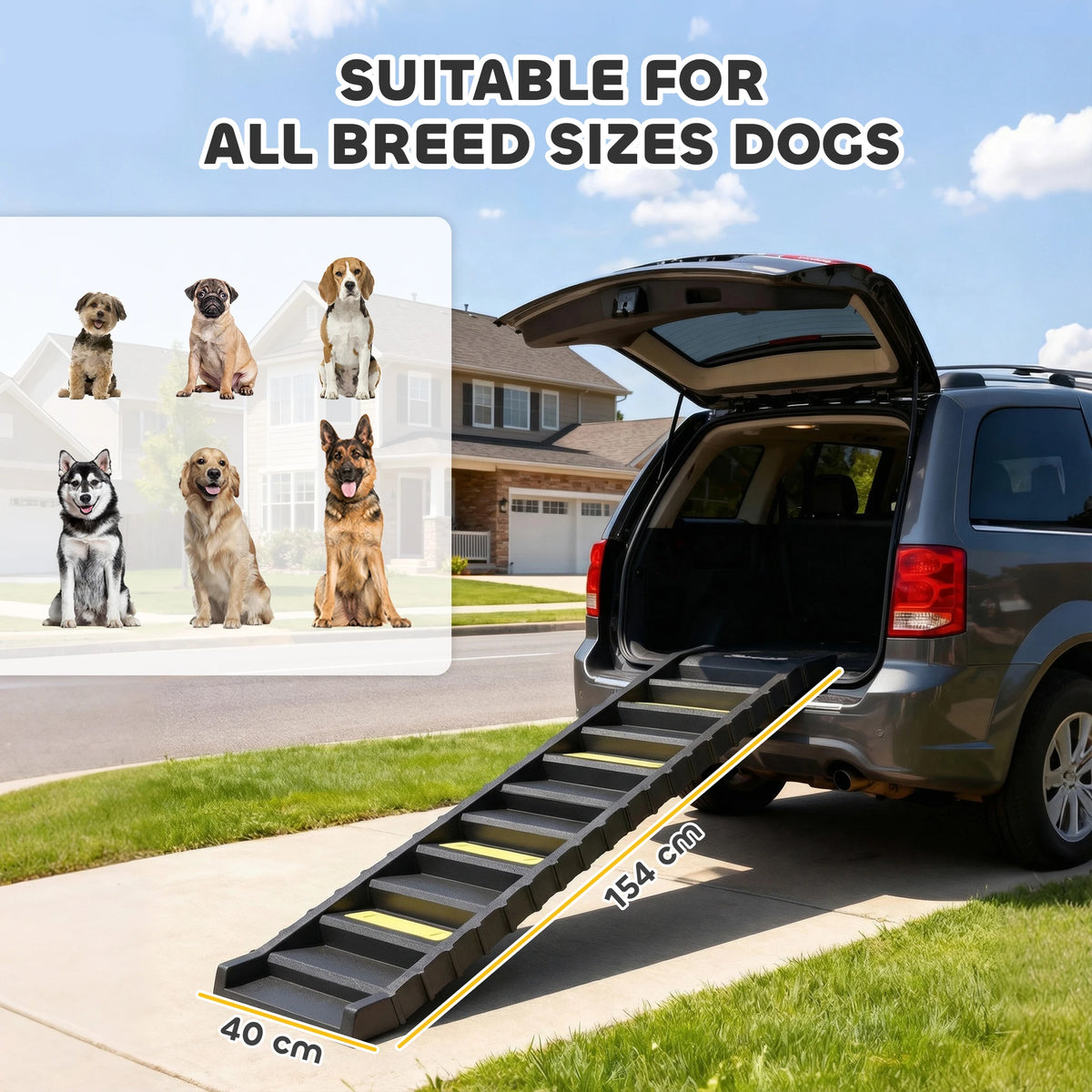 Foldable Dog Ramp for Car 154cm 10 Step Non Slip Dog Stairs for SUVs and Trucks 68kg Capacity Black