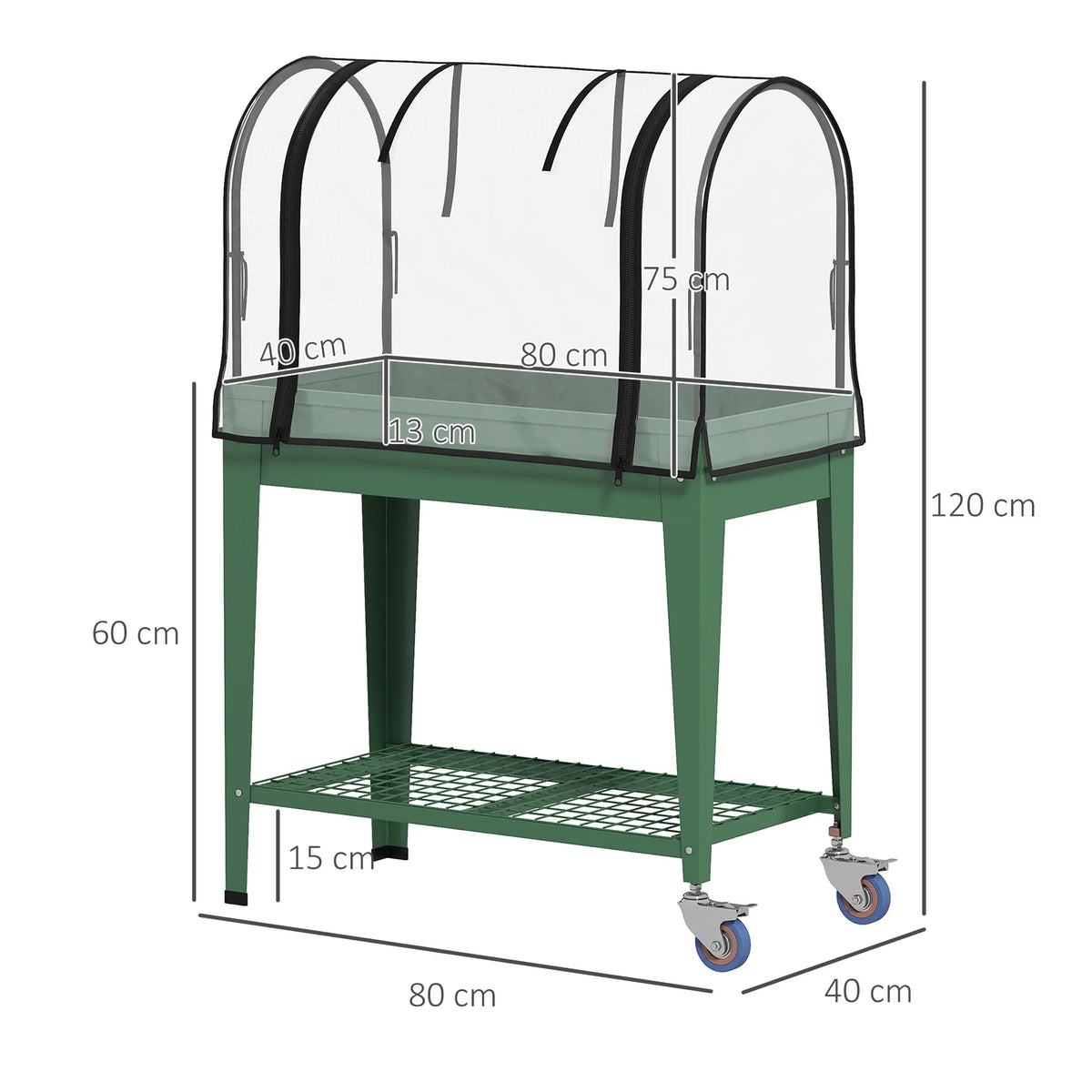 Raised Garden Bed with Greenhouse Cover and Wheels, Elevated Planter, 80 x 40 x 120 cm