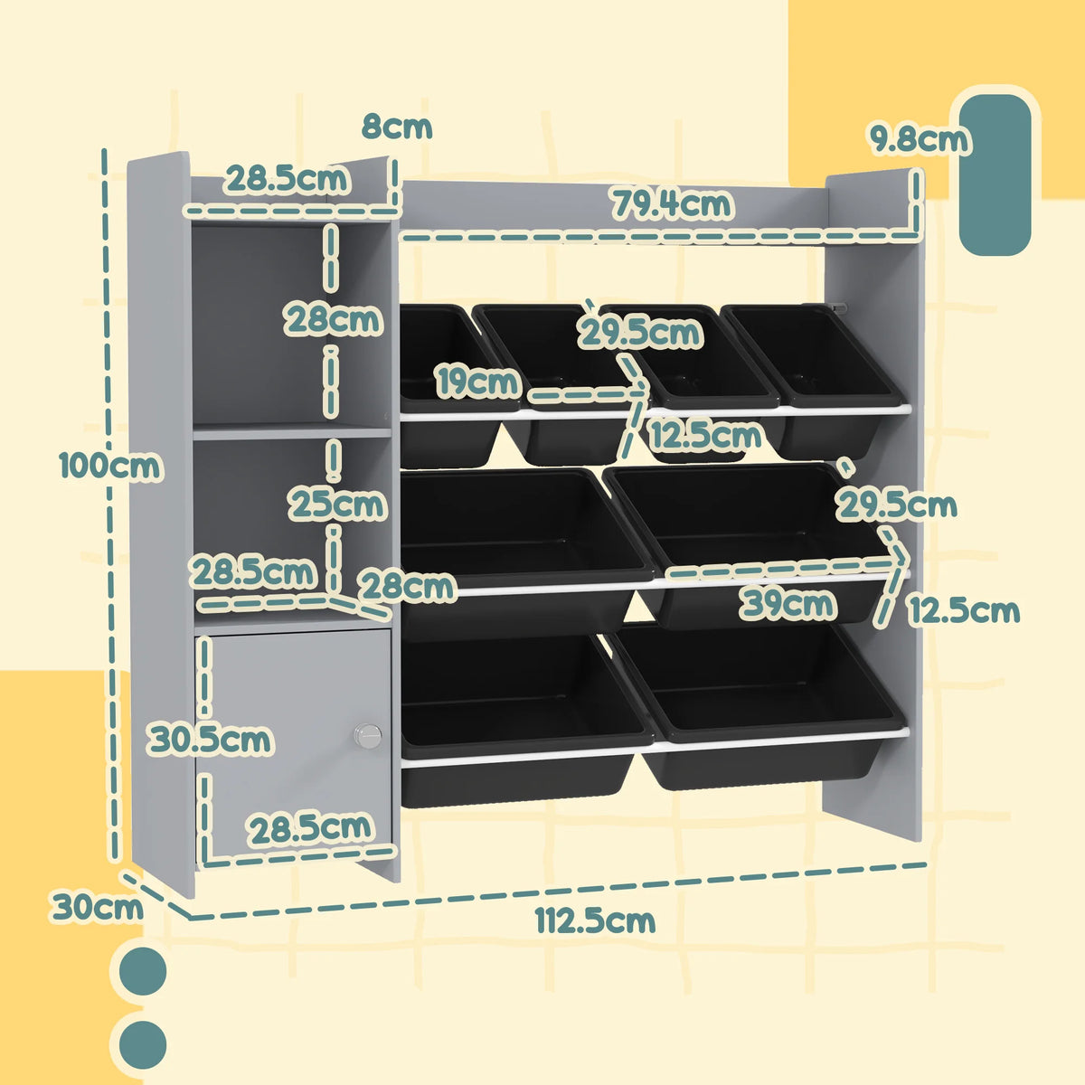 Kids Toy Storage Unit with 8 Removable Bins 2 Grids Cabinet and Top Shelf MDF and Steel Nursery Grey