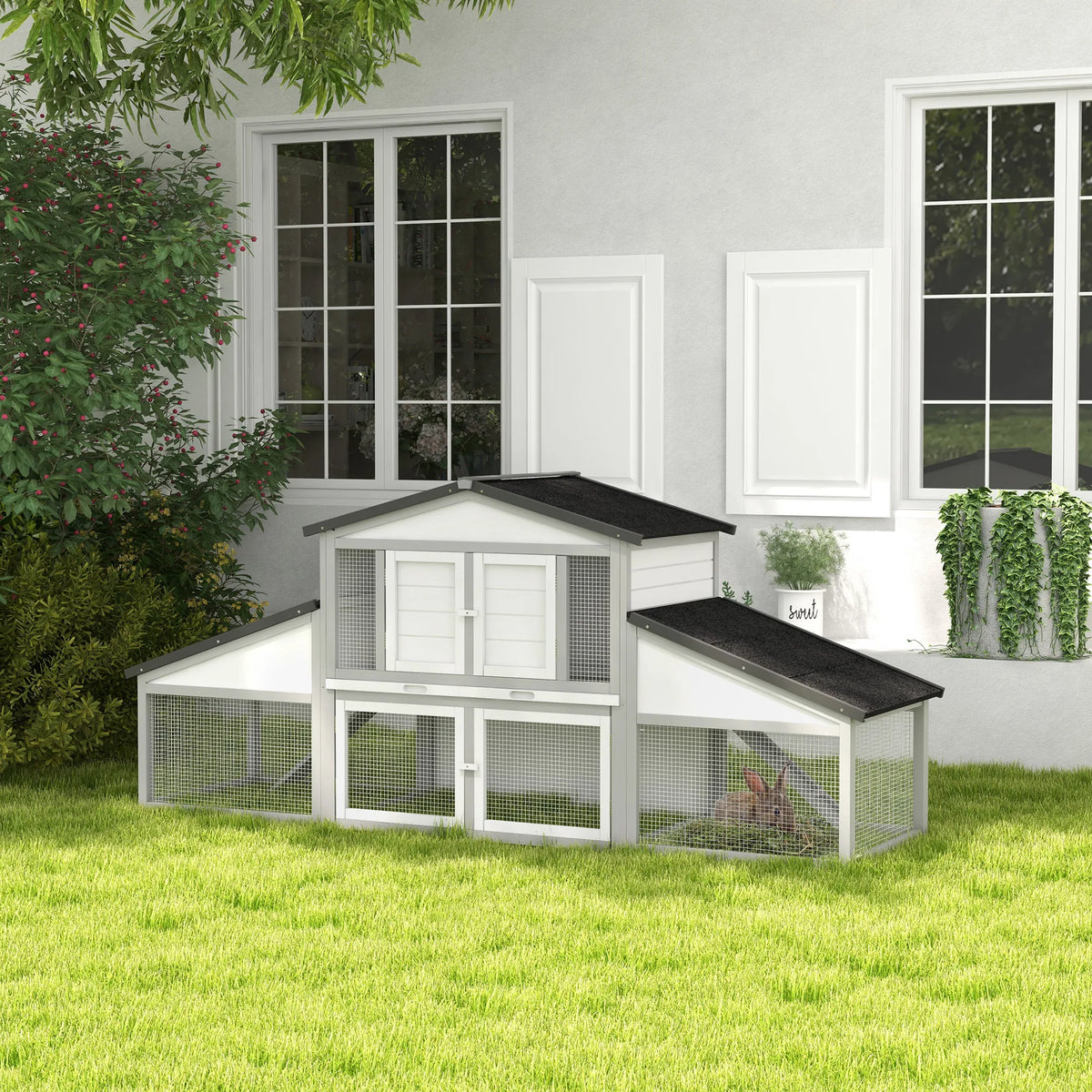 Large Rabbit Hutch with Run 2 Tier Elevated House Steel Wire Run Ramp Lockable Doors and Slide Out Tray Grey