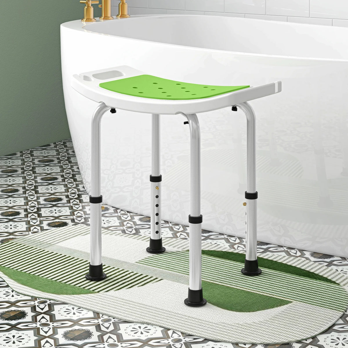 Height-Adjustable Aluminium Shower Stool with Padded Seat and Non-Slip Feet, Green