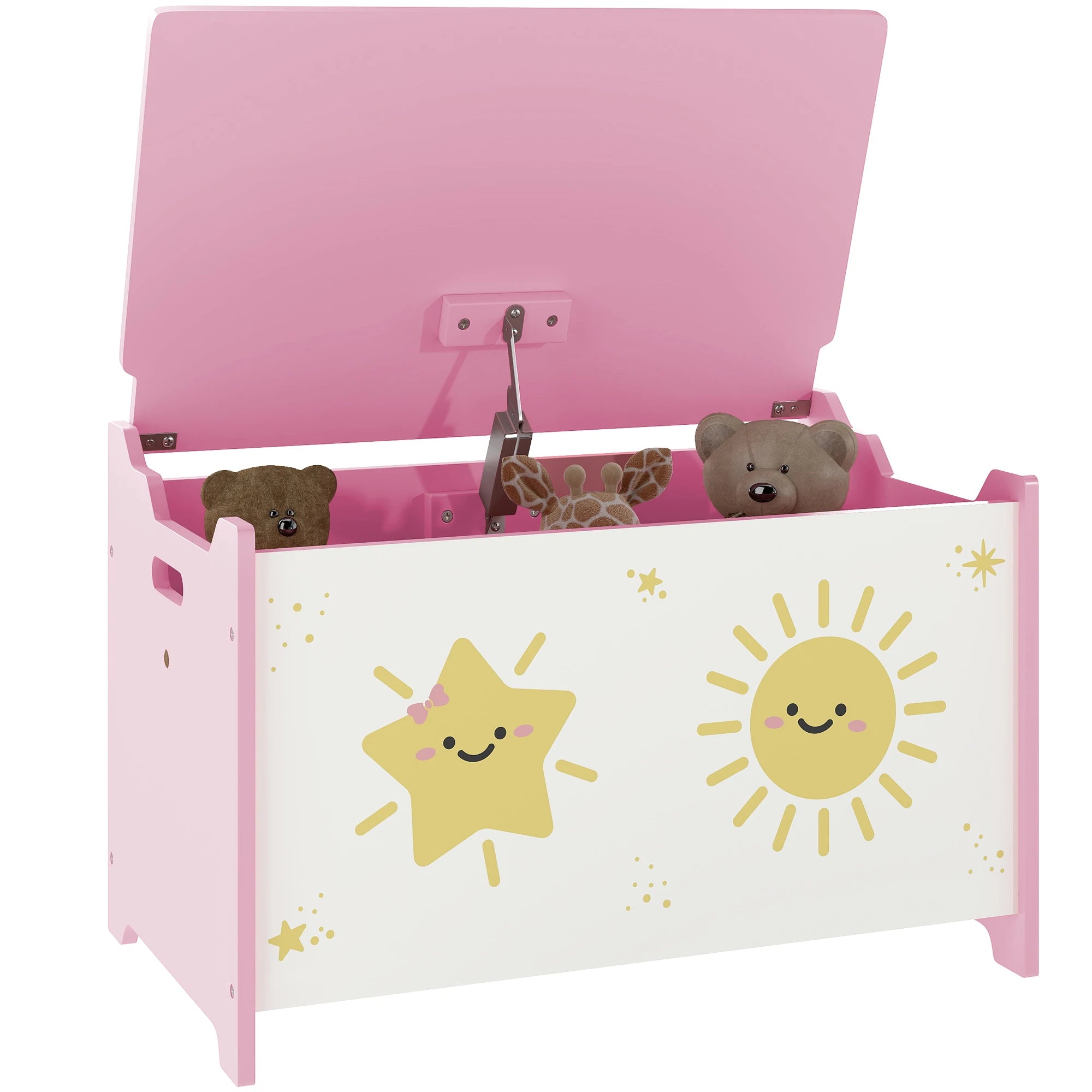 Kids Toy Box with Lid and Safety Hinges Wooden Storage Chest for Nursery Bedroom Playroom 60x37x39cm Pink