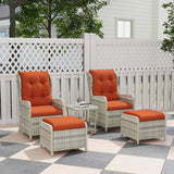 5 Piece Rattan Bistro Set 2 Reclining Armchairs 2 Footstools Glass Coffee Table Cushions for Garden Balcony