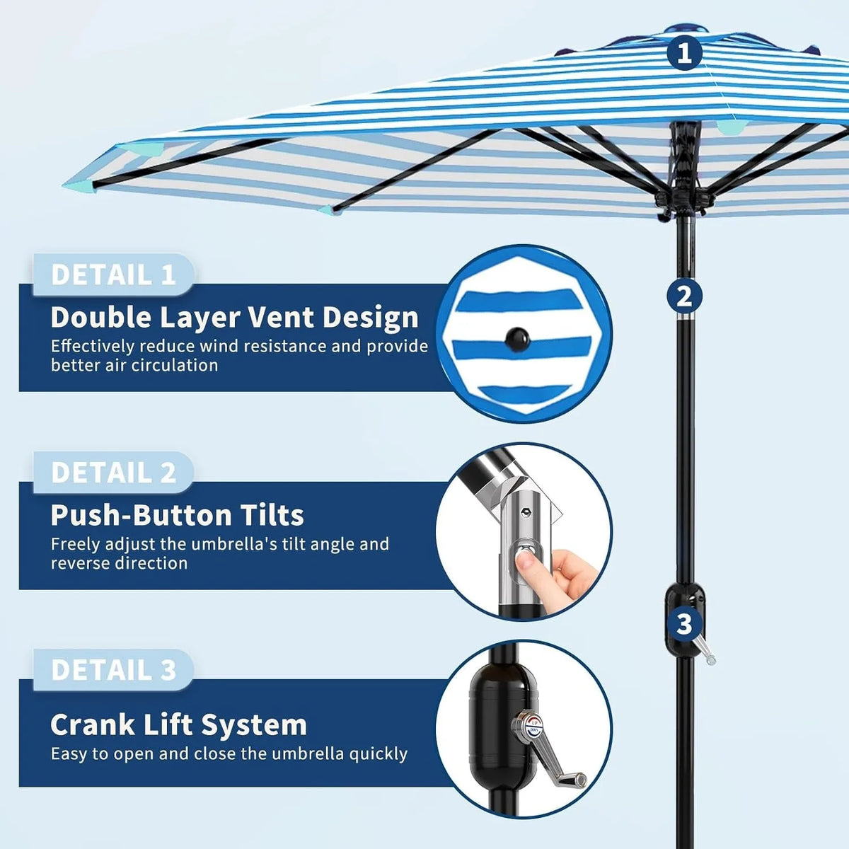 Octagonal Patio Umbrella, Blue & White Stripe Garden Parasol with Crank and Tilt, 270cm