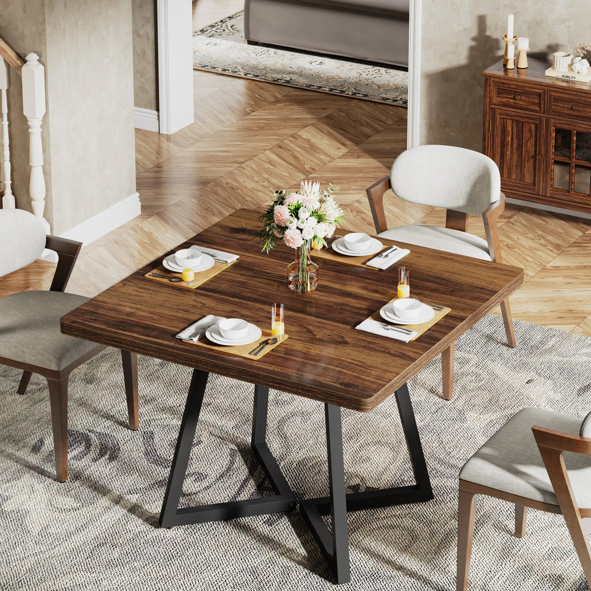 Square Dining Table for 4 Industrial Wood Kitchen Table with Metal Base