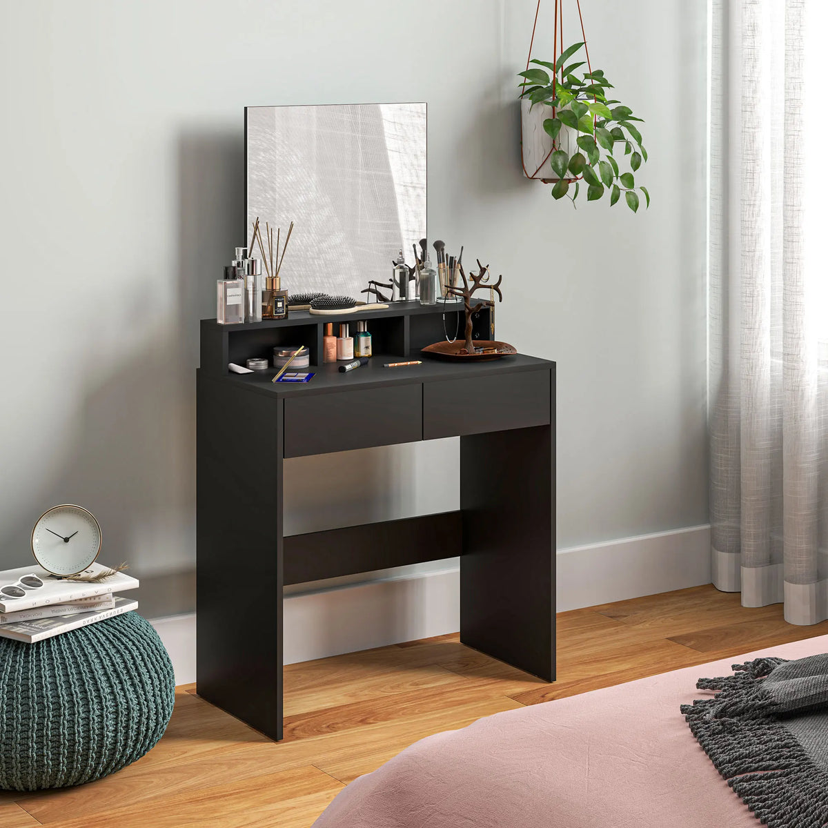 Compact Dressing Table with 49x50cm Copper Free Mirror 3 Shelves 2 Drawers and Anti Tipping Straps Black