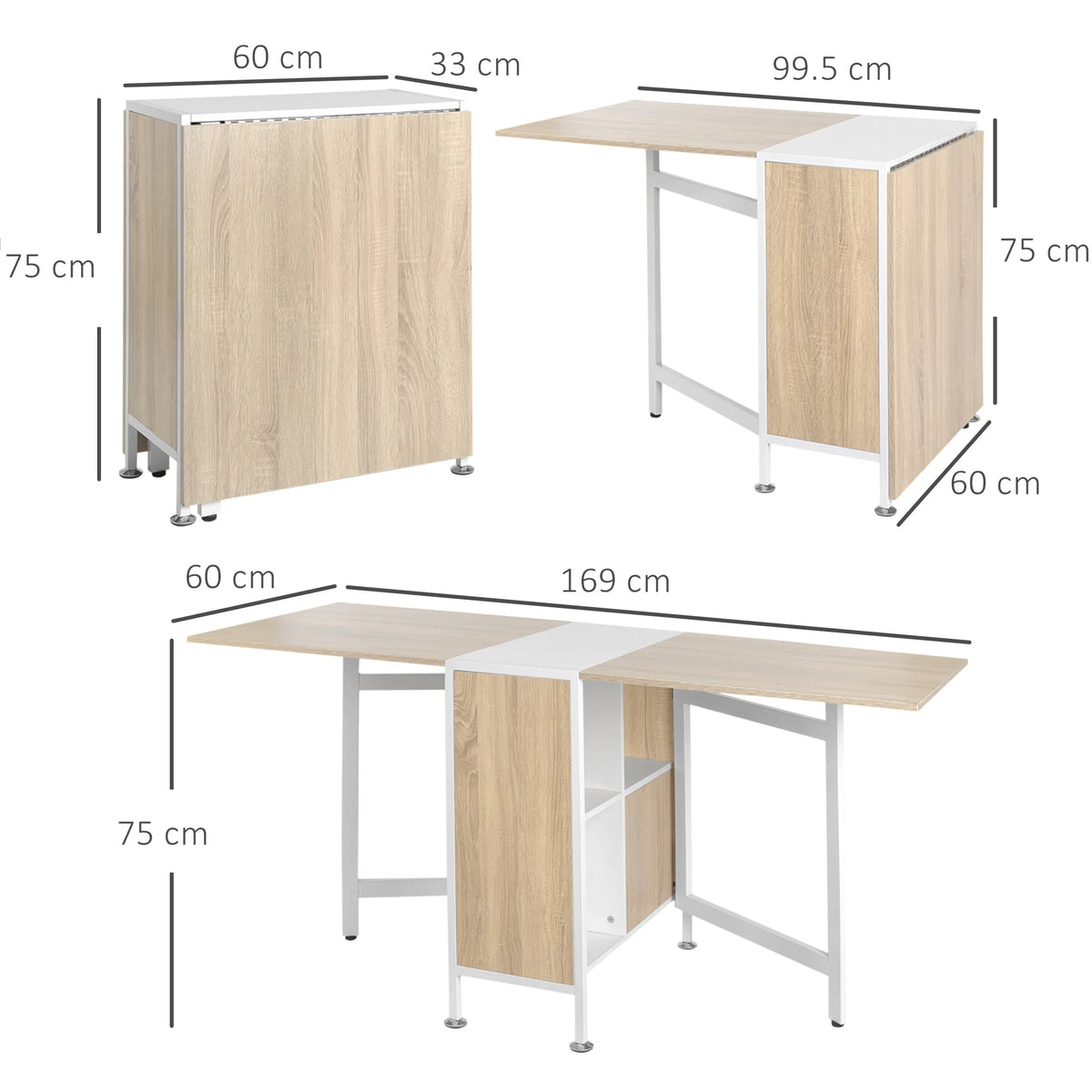 Folding Table with Storage Shelves, Oak and White