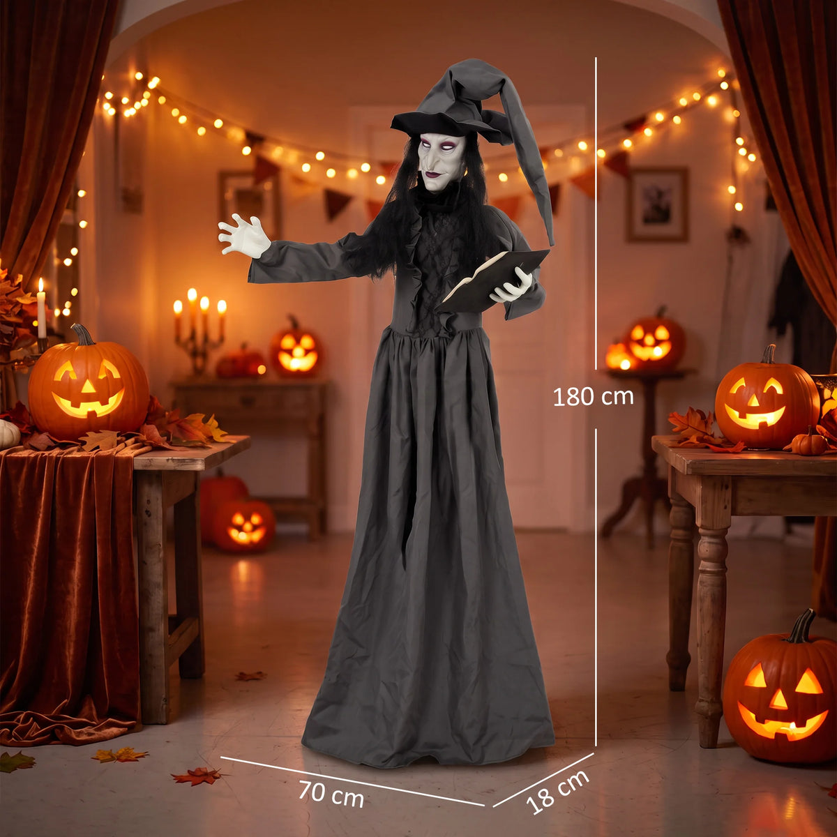 Red LED eyes glowing on a Halloween witch decoration