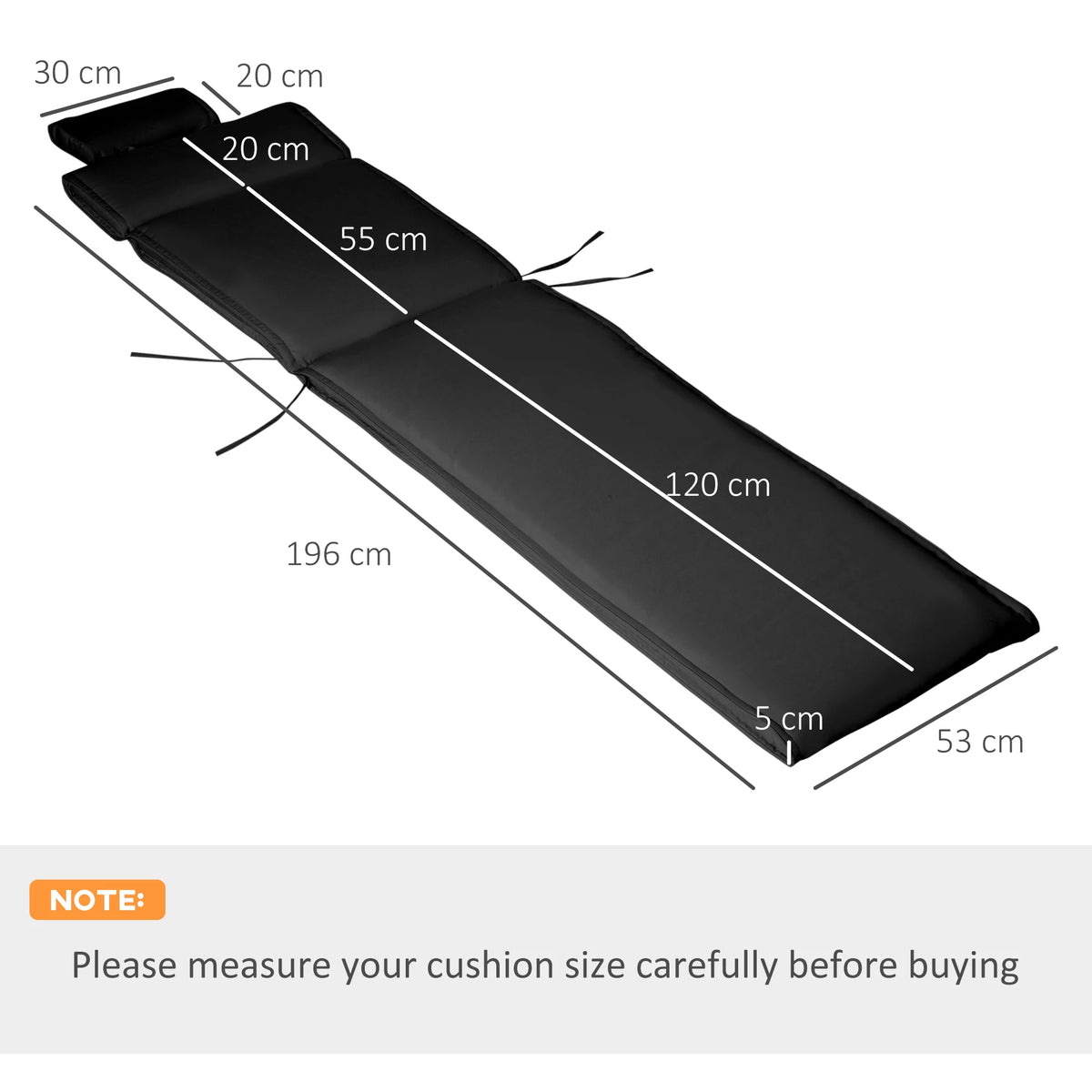 Garden Sun Lounger Chair Cushion, Reclining Relaxer Cushion, Indoor/Outdoor, Black