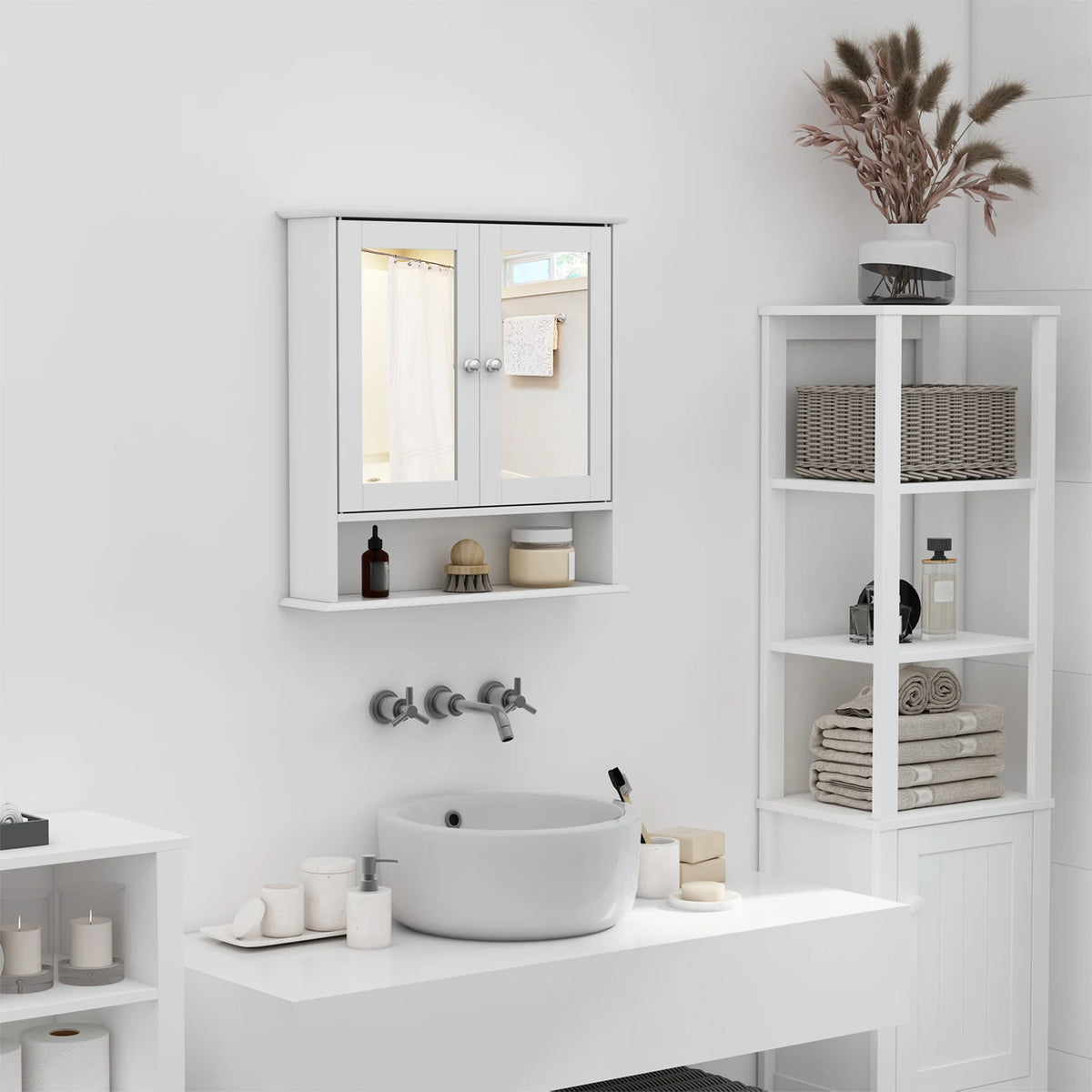 Wall-mounted Cabinet Mirror Door Bathroom Organiser, White
